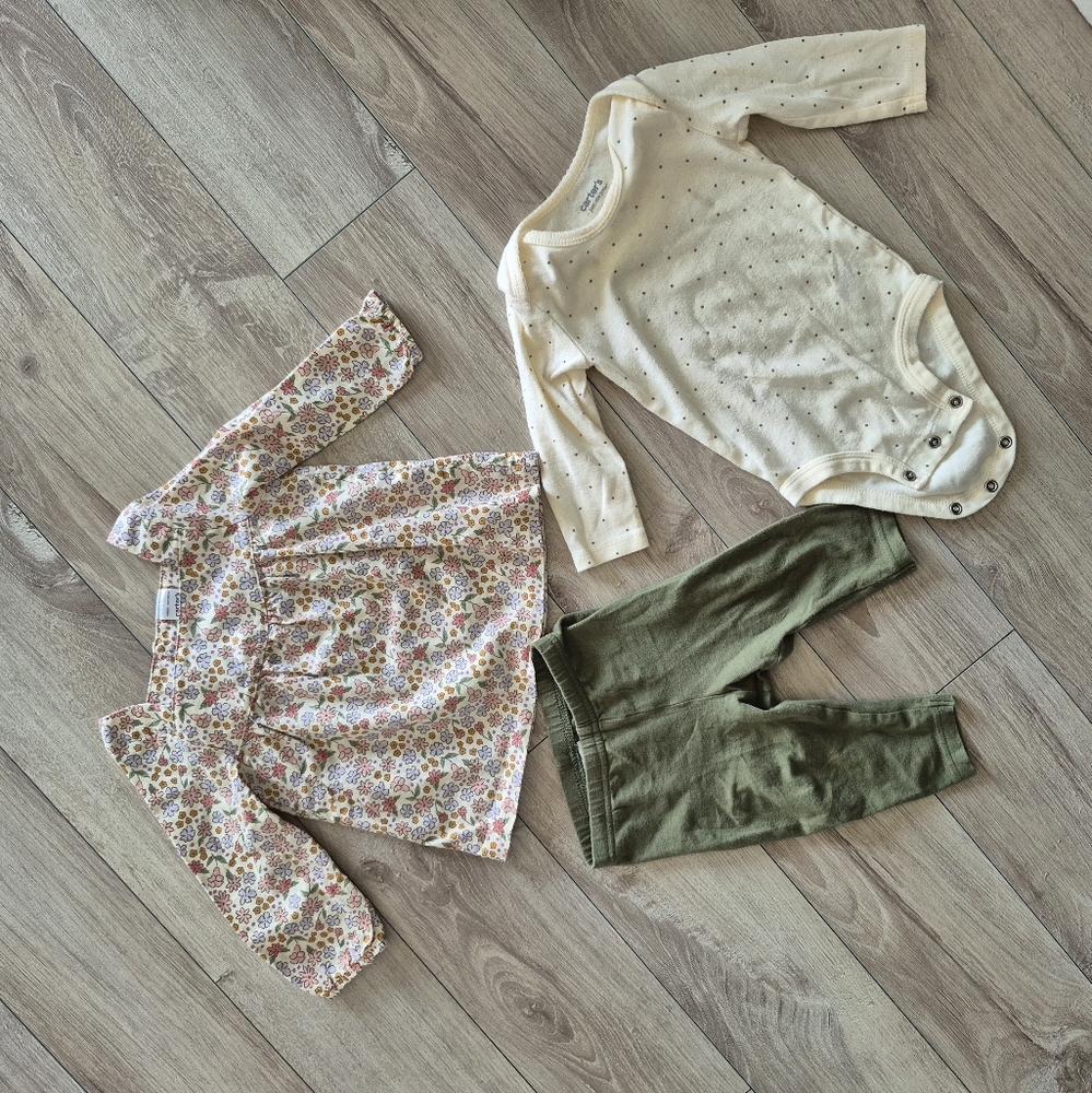 Carter's 6M Floral Top, Cream Onesie, and Green Pants Set